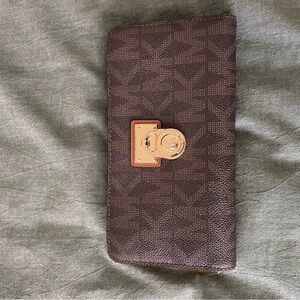 Michael Kors Black and Brown Wallet with Gold Clasp